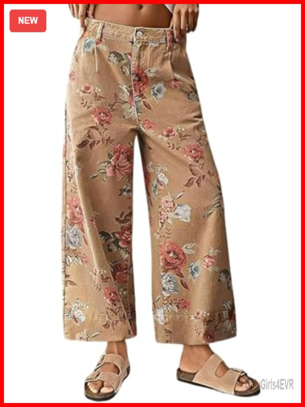Women Mid Rise Cropped Wide Leg Floral Print Jeans